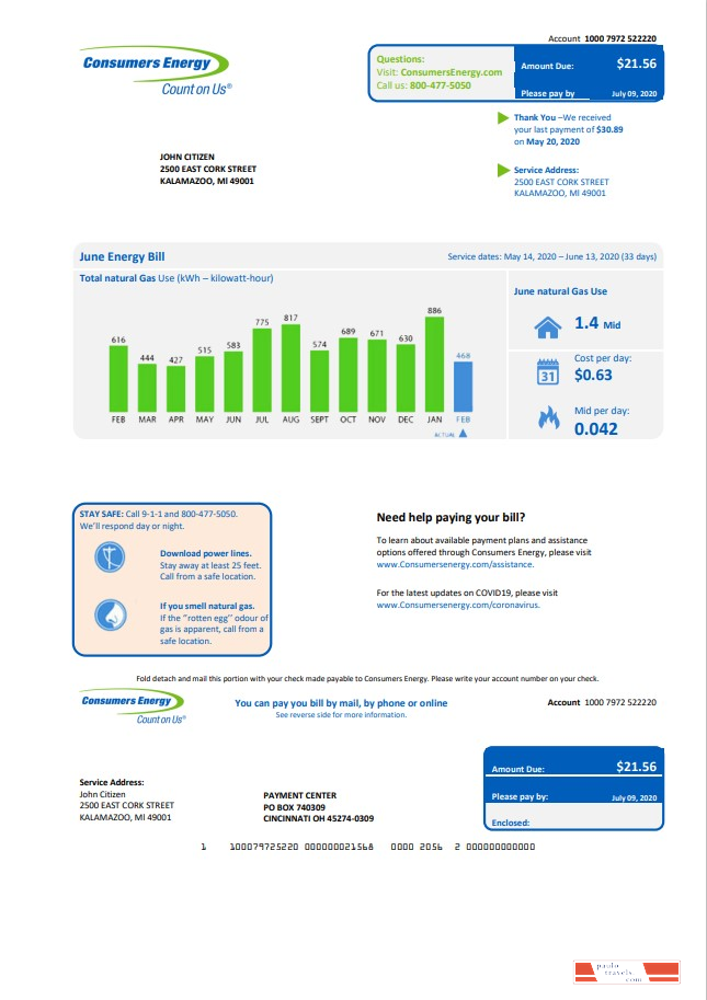 USA Michigan Consumers Energy utility bill template in Word and PDF format